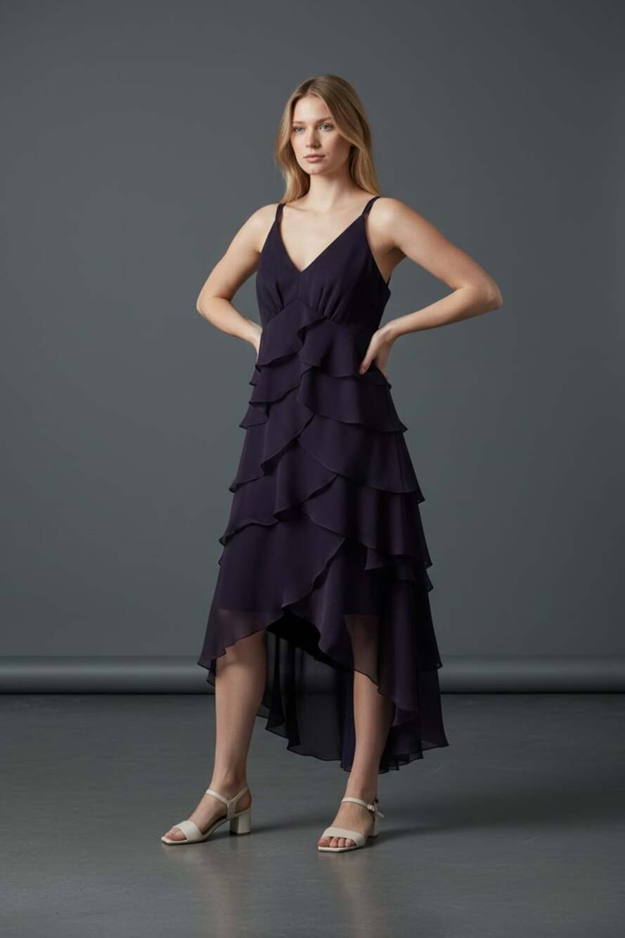 Size 4 Betsy & Adam Vintage Tiered Ruffle High-Low Chiffon Evening Gown